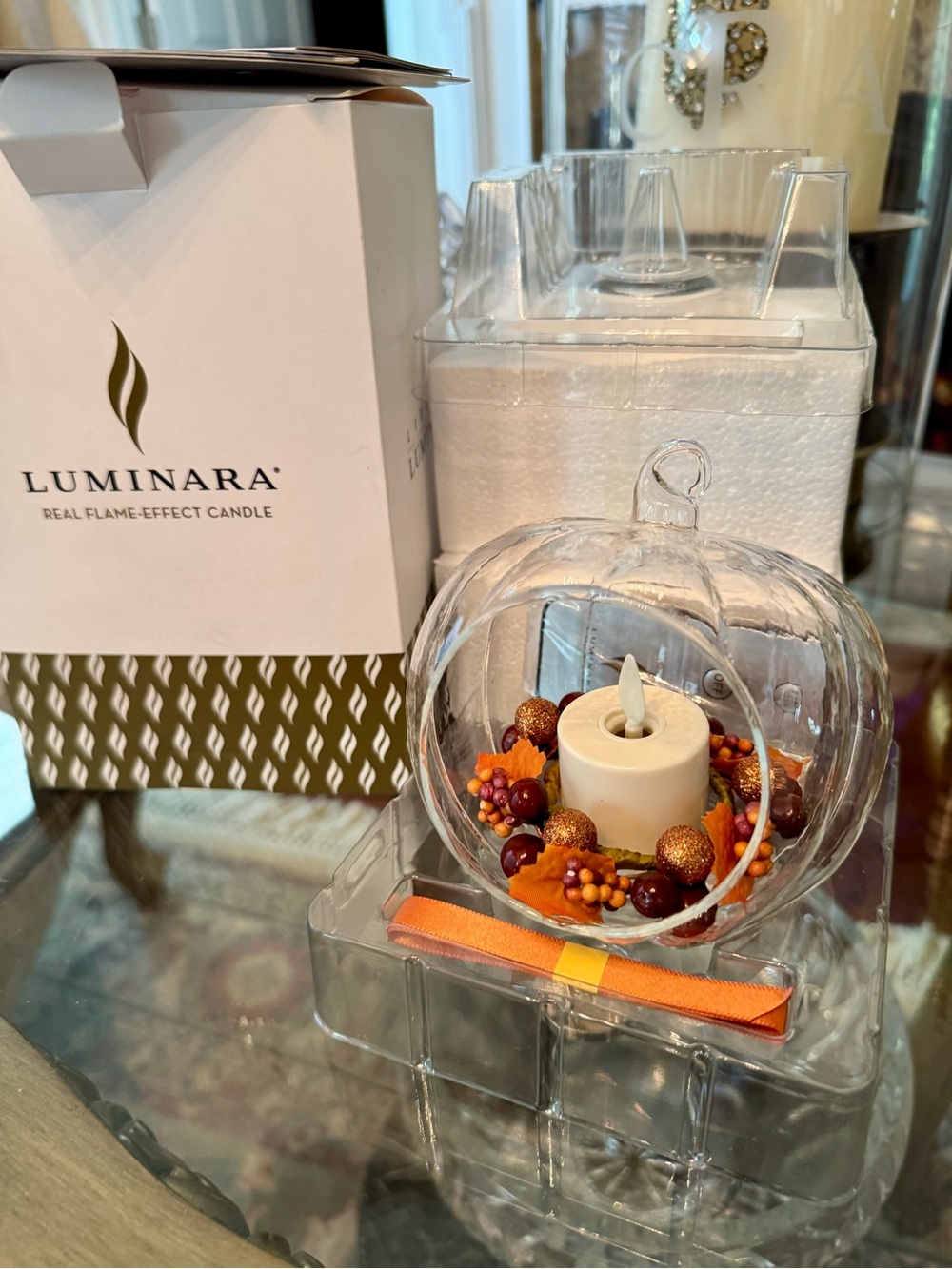Luminara Real Flame-Effect Candle in Clear Glass Pumpkin with Autumn Accents